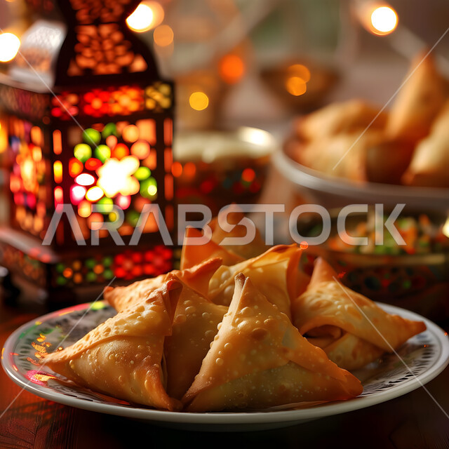 مقبلات رمضانية شهية، فطائر مقلية متنوعة الحشوات، أطباق رئيسية في سفرة إفطار شهر رمضان المبارك، وصفات المأكولات والأطعمة العربية الشرقية السعودية اللذيذة ، صورة مقربة لطبق من السمبوسك المقرمشة