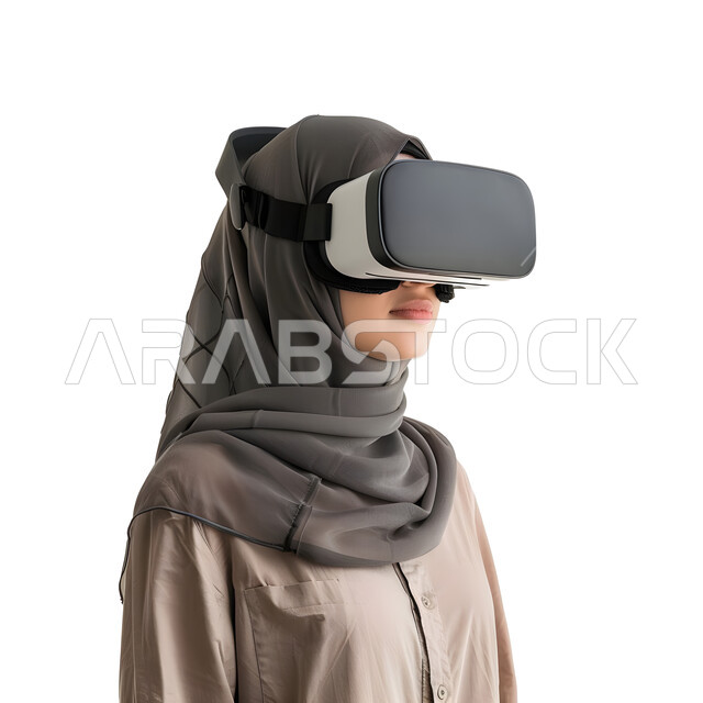 استخدام التقنيات الحديثة والمطورة، التحول الرقمي والتقدم التقني، إيماءات الاندماج والتركيز في الواقع الافتراضي, بورتريه مقرب لامرأة عربية خليجية سعودية محجبة ترتدي العباءة تضع نظارات الفي ار، خلفية بيضاء