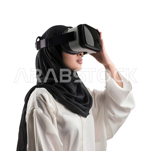 The use of modern and developed technologies, digital transformation and technical progress, gestures of integration and focus in virtual reality, a close-up portrait of a veiled Saudi Arabian Gulf woman wearing an abaya and wearing VR glasses, a white background.