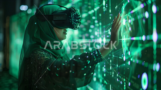 التحول الرقمي والتقدم التقني، استخدام التقنيات الحديثة والمطورة، إيماءات الاندماج والتركيز في الواقع الافتراضي, صورة مقربة لامرأة عربية خليجية سعودية محجبة ترتدي العباءة تضع نظارات الفي ار تقوم بلمس ايقونات وخطوط بيانية