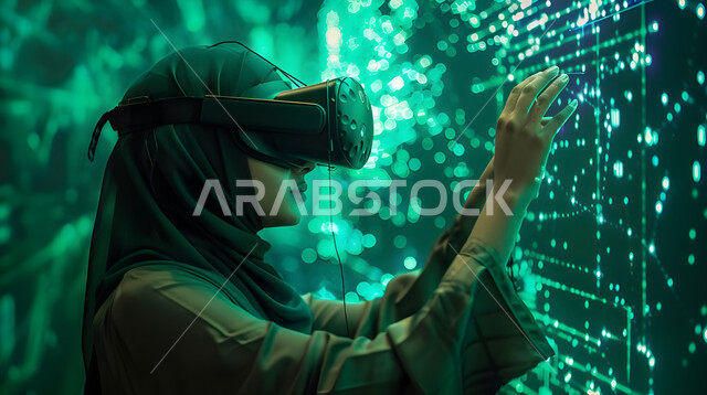 التحول الرقمي والتقدم التقني، استخدام التقنيات الحديثة والمطورة، إيماءات الاندماج والتركيز في الواقع الافتراضي, صورة مقربة لامرأة عربية خليجية سعودية محجبة ترتدي العباءة تضع نظارات الفي ار تقوم بلمس ايقونات وخطوط بيانية
