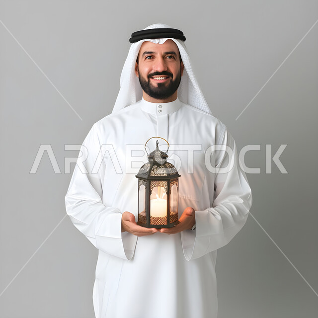 Preparing for the coming of the month of Ramadan, welcoming the month of goodness and blessings, religious occasions and Islamic holidays, a portrait of a Saudi Gulf Arab young man wearing the traditional thobe and ghutra, holding a lighted lantern and looking at the camera with expressions of joy, antiques and decorations for celebrations in Saudi Arabia, gray background