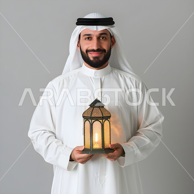  استقبال شهر الخير والبركة, المناسبات الدينية والأعياد الإسلامية, الاستعداد لقدوم شهر رمضان, بورتريه لشاب عربي خليجي سعودي يرتدي الثوب و الغترة التقليدية يحمل الفانوس المضيء وينظر الى الكاميرا بتعابير الفرح, تحف وزينة الاحتفالات في السعودية, خلفية رمادية