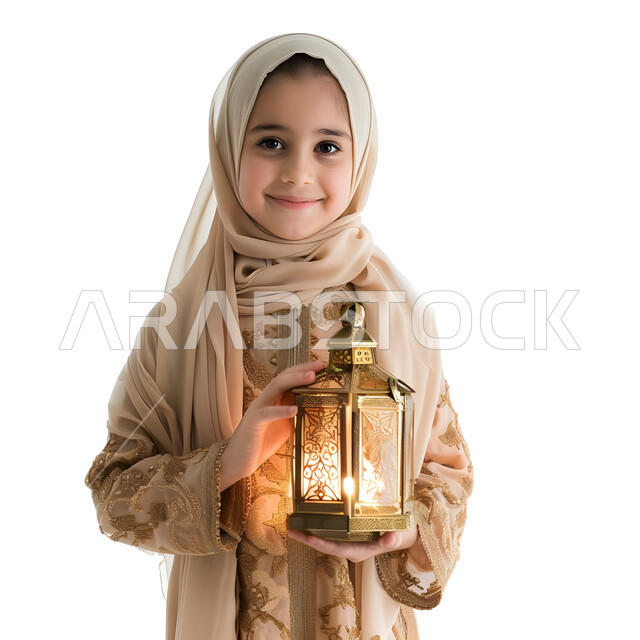 البهجة و السرور بقدوم شهر رمضان المبارك, النظر الى الكاميرا بتعابير السعادة, بورتريه مقرب لفتاة عربيه خليجية سعودية محجبة ترتدي العباءة وتحمل بيدها فانوس معدني مضيء, زينة وانوار الشهر الفضيل, خلفية بيضاء
