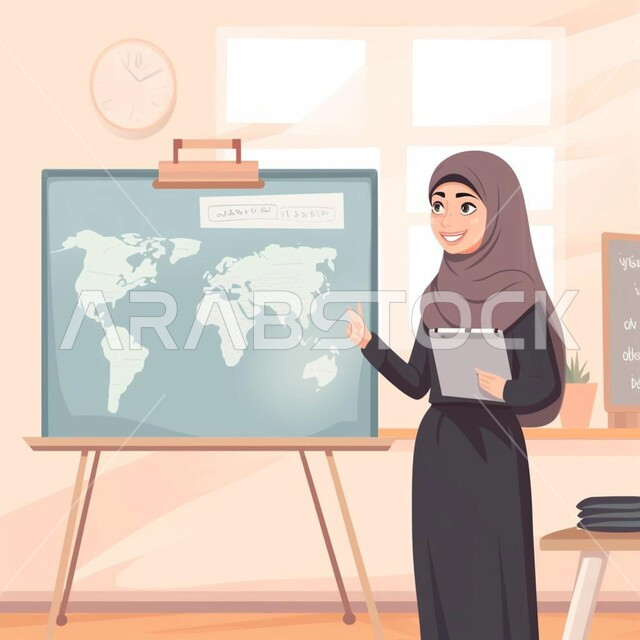 تعزيز العلوم والإبتكارات وتنمية المهارات، متابعة مجموعة من الطلاب داخل الفصل، رسومات ثلاثية الابعاد لمعلمة عربية سعودية خليجية في بيئه مدرسيه تعليميه متطوره، جودة التعليم في المدارس الأكاديميه