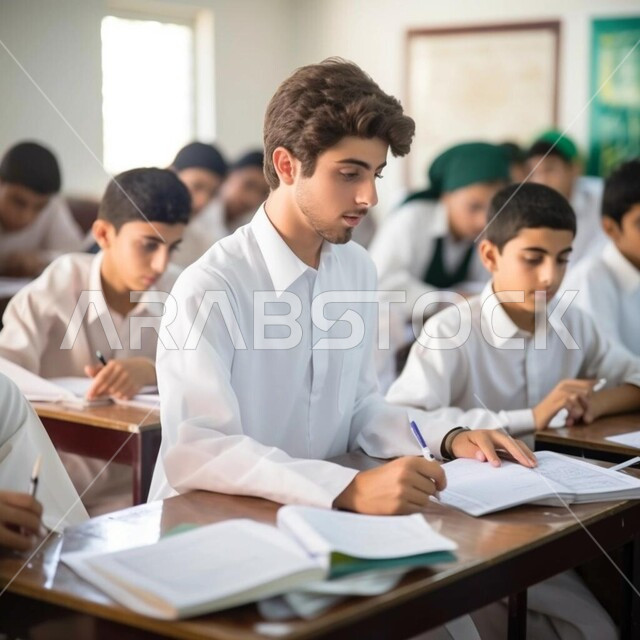 مجموعة من الطلاب يقومون بحل اسئلة الدرس، المشاركة الفعالة في الفصل، صورة مقربة لطالب عربي خليجي سعودي يقوم بالكتابة على الدفتر بايماءات التركيز، بيئه مدرسيه تعليميه متطوره، جودة التعليم في المدارس الأكاديميه