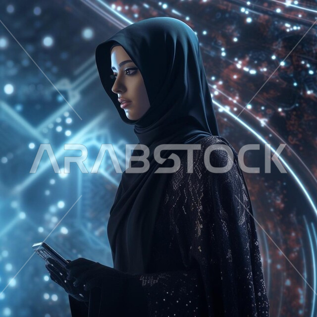 النمو التكنولوجي والتطور الالكتروني، تحقيق الثورة الصناعية، صورة من الجانب لامرأه  مسلمه محجبه عربيه سعوديه خليجيه تمثل الذكاء الاصطناعي تحمل بيدها جهاز لوحي للتحكم عن بعد، تقدم التقنيه والتكنولوجيا الحديثه، خلفية هولوجرامية ثلاثية الأبعاد