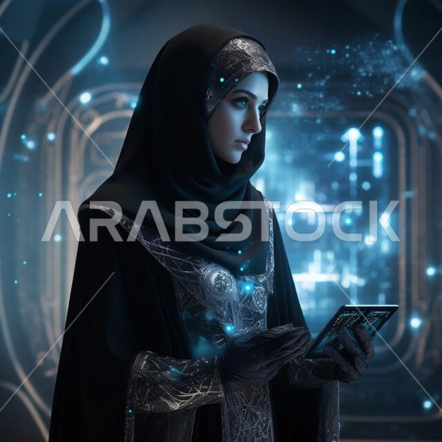 النمو التكنولوجي والتطور الالكتروني، تحقيق الثورة الصناعية، صورة من الجانب لامرأه  مسلمه محجبه عربيه سعوديه خليجيه تمثل الذكاء الاصطناعي تحمل بيدها جهاز لوحي للتحكم عن بعد، تقدم التقنيه والتكنولوجيا الحديثه، خلفية هولوجرامية ثلاثية الأبعاد