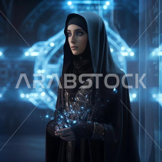The advancement of technology and modern technology, the achievement of the industrial revolution, a picture from the side of a veiled Muslim woman, a Saudi Arabian Gulf woman, representing artificial intelligence, holding an electronic network in her hand, a three-dimensional hologram background.