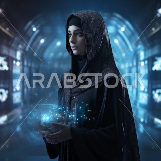 تقدم التقنيه والتكنولوجيا الحديثه، تحقيق الثورة الصناعية، صورة من الجانب لامرأه  مسلمه محجبه عربيه سعوديه خليجيه تمثل الذكاء الاصطناعي تحمل بيدها شبكة الكترونية، خلفية هولوجرامية ثلاثية الأبعاد