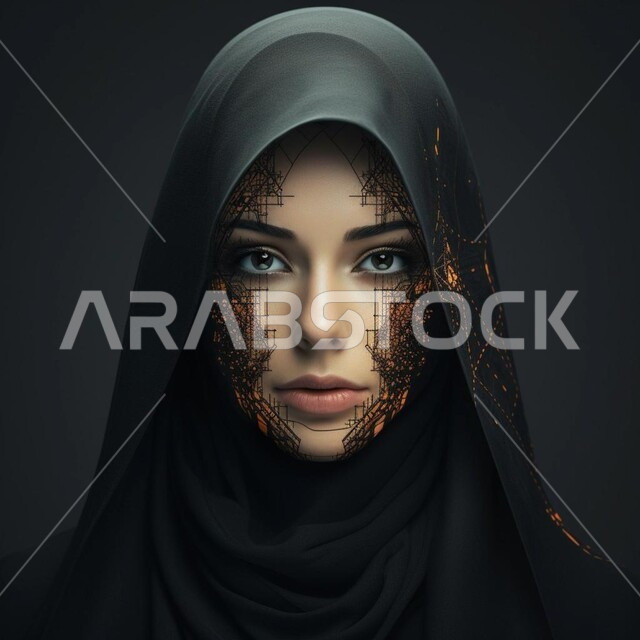 تحقيق الثورة الصناعية، بوريه مقرب لامرأه  مسلمه محجبه عربيه سعوديه خليجيه تمثل الذكاء الاصطناعي، وجه سيده مدمج مع دوائر إلكترونية، تقدم التقنيه والتكنولوجيا الحديثه، خلفية سوداء
