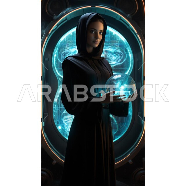 تقدم التقنيه والتكنولوجيا الحديثه، تحقيق الثورة الصناعية، صورة من الجانب لامرأه  مسلمه محجبه عربيه سعوديه خليجيه تمثل الذكاء الاصطناعي تحمل بيدها كرة الكترونية، خلفية هولوجرامية ثلاثية الأبعاد
