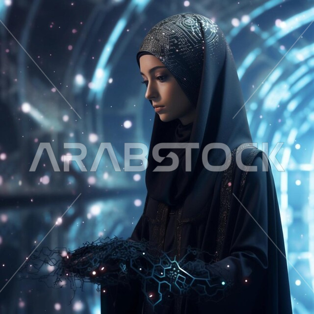 تحقيق الثورة الصناعية، صورة من الجانب لامرأه  مسلمه محجبه عربيه سعوديه خليجيه تمثل الذكاء الاصطناعي تحمل بيدها شبكة الكترونيات، رأس سيده مدمج مع دوائر إلكترونية، تقدم التقنيه والتكنولوجيا الحديثه، خلفية هولوجرامية ثلاثية الأبعاد