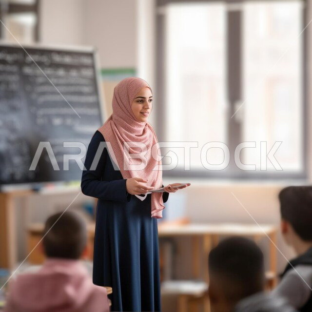 معلمة عربية سعودية خليجية في بيئه مدرسيه تعليميه متطوره، متابعة مجموعة من الطلاب داخل الفصل، نظام التعليم المنتسوري، تعزيز العلوم والإبتكارات وتنمية المهارات، جودة التعلم في المدارس الأكاديميه