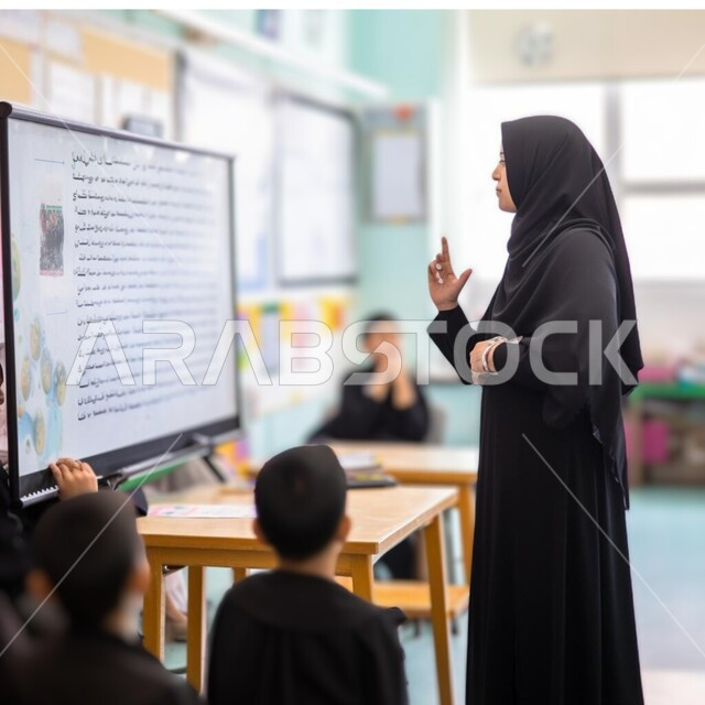 متابعة مجموعة من الطلاب داخل الفصل، صورة من الجانب لمعلمة عربية سعودية خليجية في بيئه مدرسيه تعليميه متطوره، نظام التعليم المنتسوري، تعزيز العلوم والإبتكارات وتنمية المهارات، جودة التعلم في المدارس الأكاديميه