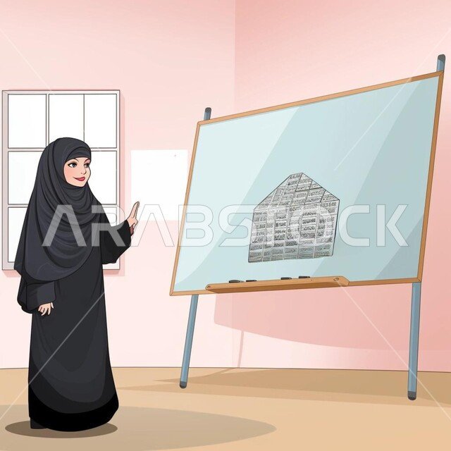 تعزيز العلوم والإبتكارات وتنمية المهارات، متابعة مجموعة من الطلاب داخل الفصل، رسومات ثلاثية الأبعاد لمعلمة عربية سعودية خليجية في بيئه مدرسيه تعليميه متطوره، جودة التعليم في المدارس الأكاديميه