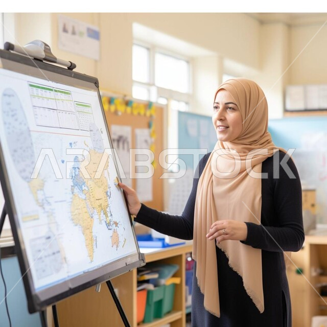 جودة التعليم في المدارس الأكاديميه، تعزيز العلوم والإبتكارات وتنمية المهارات، متابعة مجموعة من الطلاب داخل الفصل، معلمة عربية سعودية خليجية في بيئه مدرسيه تعليميه متطوره