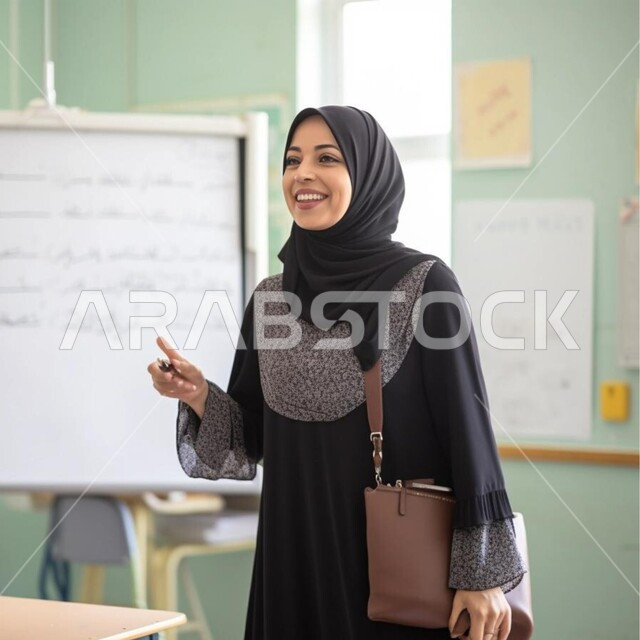 معلمة عربية سعودية خليجية في بيئه مدرسيه تعليميه متطوره، متابعة مجموعة من الطلاب داخل الفصل، نظام التعليم المنتسوري، تعزيز العلوم والإبتكارات وتنمية المهارات، جودة التعلم في المدارس الأكاديميه