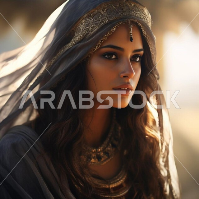 الاهتمام بالأناقة والمظهر الخارجي، أزياء محجبات تقليدية، مفهوم النعومة و الأنوثة، صورة مقربة لامرأة عربيه خليجيه سعودية مبتسمة ترتدي الحجاب تنظر لمكان ما بإيماءات التركيز