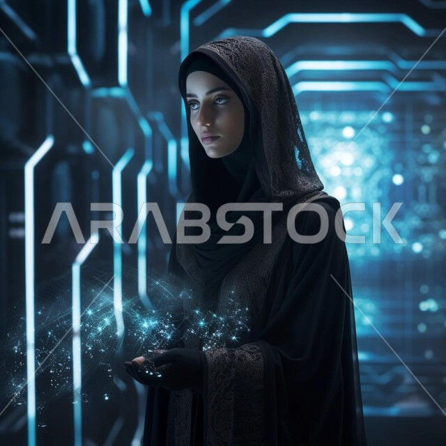 تقدم التقنيه والتكنولوجيا الحديثه، تحقيق الثورة الصناعية، صورة من الجانب لامرأه  مسلمه محجبه عربيه سعوديه خليجيه تمثل الذكاء الاصطناعي تحمل بيدها شبكة الكترونية، خلفية هولوجرامية ثلاثية الأبعاد