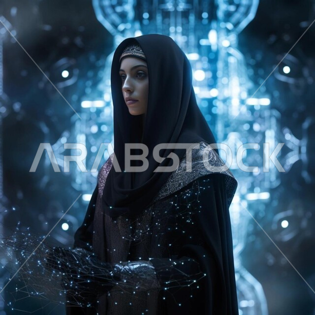 تقدم التقنيه والتكنولوجيا الحديثه، تحقيق الثورة الصناعية، صورة من الجانب لامرأه  مسلمه محجبه عربيه سعوديه خليجيه تمثل الذكاء الاصطناعي تحمل بيدها شبكة الكترونية، خلفية هولوجرامية ثلاثية الأبعاد