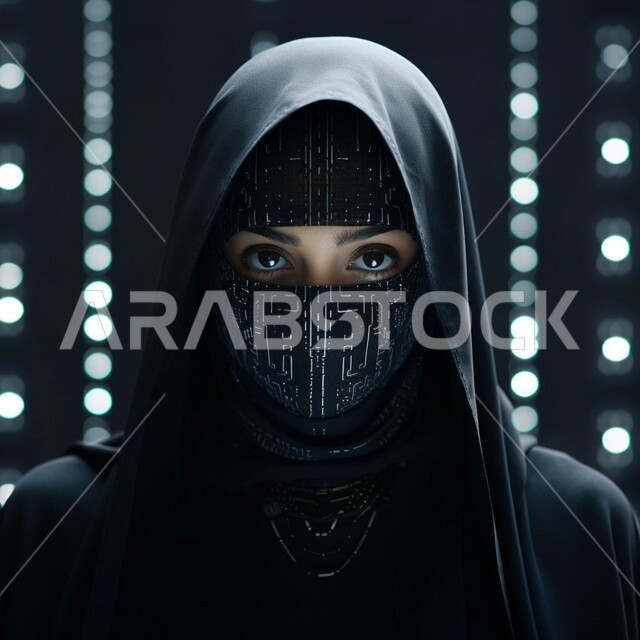 وجه سيدة مدمج مع دوائر إلكترونية، تقدم التقنيه والتكنولوجيا الحديثه، تحقيق الثورة الصناعية، صورة مقربة لامرأه  مسلمه محجبه عربيه سعوديه خليجيه تمثل الذكاء الاصطناعي ترتدي قناع اسود