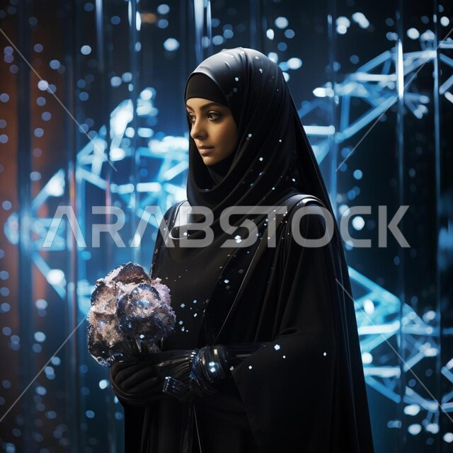 تحقيق الثورة الصناعية، صورة من الجانب لامرأه  مسلمه محجبه عربيه سعوديه خليجيه تمثل الذكاء الاصطناعي تحمل بيدها كرة الكترونية، تقدم التقنيه والتكنولوجيا الحديثه، خلفية هولوجرامية ثلاثية الأبعاد