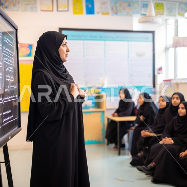 متابعة مجموعة من الطلاب داخل الفصل، صورة من الجانب لمعلمة عربية سعودية خليجية في بيئه مدرسيه تعليميه متطوره، نظام التعليم المنتسوري، تعزيز العلوم والإبتكارات وتنمية المهارات، جودة التعلم في المدارس الأكاديميه