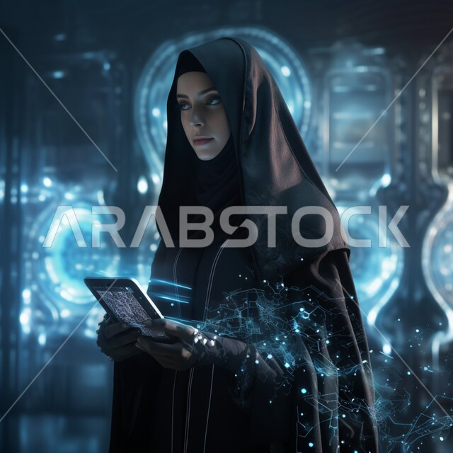 تقدم التقنيه والتكنولوجيا الحديثه، تحقيق الثورة الصناعية، صورة من الجانب لامرأه  مسلمه محجبه عربيه سعوديه خليجيه تمثل الذكاء الاصطناعي تحمل بيدها جهاز لوحي للتحكم عن بعد، صورة لكامل الجسم، خلفية هولوجرامية ثلاثية الأبعاد
