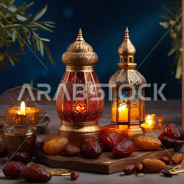 Delicious Ramadan hospitality, Islamic lanterns and antiques to celebrate the coming of the month of goodness, a traditional Arabic metal ornate luminous lamp, lighting and decorations for the blessed Ramadan, decorations and lights, and the spiritual Ramadan atmosphere, dates from the Kingdom of Saudi Arabia.