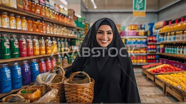 شراء الاحتياجات و المستلزمات المنزلية للمستهلك، صورة مقربة لامرأة عربية سعودية خليجية محجبة مبتسمة ترتدي عباءة سوداء تقوم بالتبضع في احدى أسواق المملكة العربية السعودية، السلع والمواد غذائية المختلفة