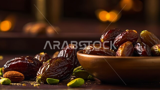 ضيافة رمضانية لذيذة، وجبة ذات قيمة غذائية عالية، صورة مقربة لطبق من تمر السكري الصحي المزين بالفستق، انواع من التمور الصحية، جودة المنتجات المحلية الوطنية السعودية