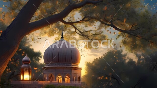 تصميم ثلاثي الأبعاد لمسجد محاط بالأشجار، الهندسة المعمارية على الطراز الحديث، خلفيات اسلامية مميزة، أجواء رمضانية دينية مقدسة، أداء العبادات والتقرب الى الله، خلفية الطبيعة