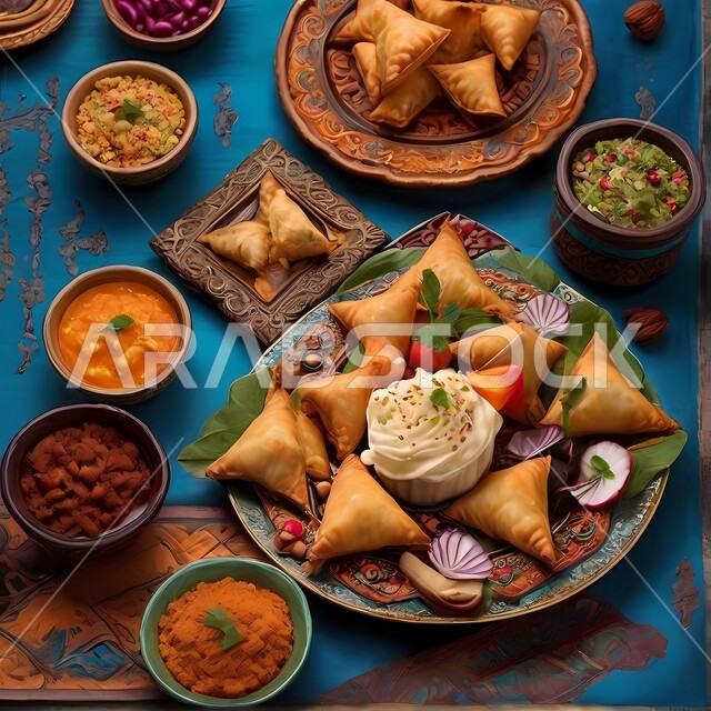 سفرة مليئة بأصناف متنوعه من المأكولات الشهية، صورة مقربة لطبق من السمبوسه على مائدة افطار رمضانية، وصفات وأطباق طعام لذيذة، فانوس عربي معدني مضيء، أطعمة شعبيه تقليديه