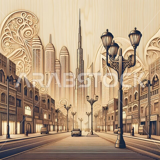 ديكورات وإطار خشبي للابراج وناطحات السحاب، رسومات وتصاميم للفن الهندسي المعماري لبرج خليفة في مدينة دبي، حركة مرور السيارات في طرقات وشوارع الامارات العربية المتحدة