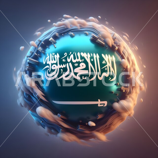 يوم العلم 11 مارس، أيقونة ثلاثية الأبعاد لعلم المملكة على كرة باللون الاخضر محاطة بالغيوم، راية لا اله الا الله محمد رسول الله, الاحتفال بالعيد الوطني 23 سبتمبر, شعارعلم السعودية باللون الأخضر, راية التوحيد والإسلام، خلفية ملونة