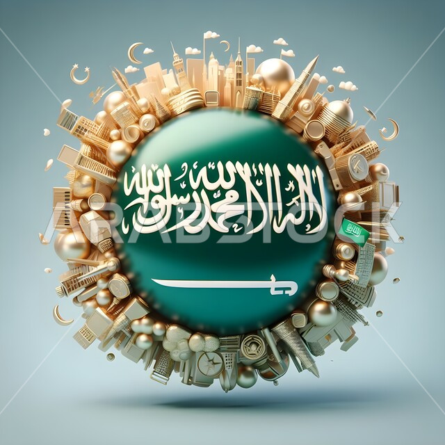أيقونة ثلاثية الأبعاد لعلم المملكة على كرة باللون الاخضر محاطة بالمباني، يوم العلم 11 مارس، راية لا اله الا الله محمد رسول الله, الاحتفال بالعيد الوطني 23 سبتمبر, شعارعلم السعودية باللون الأخضر, راية التوحيد والإسلام، خلفية ملونة