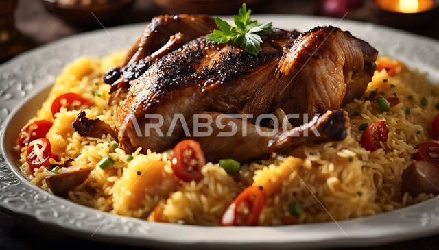 طبق من أرز الكبسة بالدجاج المحمر, أطباق شرقية عربية, مطاعم الوصفات الخليجية المشهورة, فن تقديم الطعام الشعبي في المملكة العربية السعودية, مأكولات وطنية محلية تقليدية