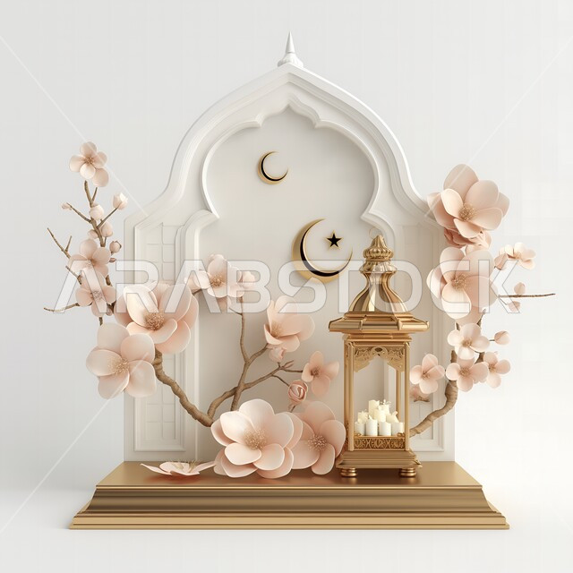 أجواء رمضانية روحانية, مجسمات بيضاء ثلاثية الأبعاد لتحف و زينة شهر رمضان المبارك, الاستعداد لاستقبال شهر الخير و البركة, العبادة والتقرب الى الله تعالى, الفوانيس المعدنية الذهبية, مناسبات دينية سنوية, خلفية اسلامية مزخرفه بالورود الملونة