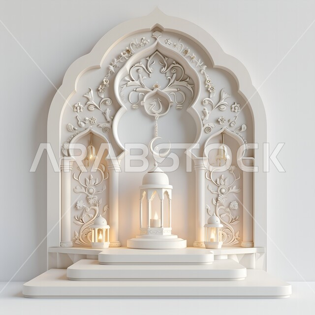 مجسمات بيضاء ثلاثية الأبعاد لتحف و زينة شهر رمضان المبارك, الاستعداد لاستقبال شهر الخير و البركة, أجواء رمضانية روحانية, العبادة والتقرب الى الله تعالى, الفوانيس المعدنية المضيئة, مناسبات دينية سنوية, خلفية اسلامية مزخرفه