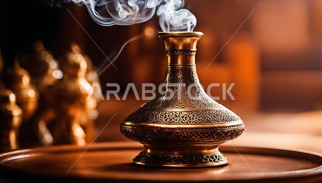 أصالة العادات والتقاليد في المملكة العربية السعودية، التعطر والتطيب باطيب الروائح والعطور الخليجية الأصيلة، خشب العود الفاخر والفحم، صورة مقربة لمبخرة تقليدية مزخرفة, أجواء ولحظات هادئة وممتعه, منتج وطني محلي سعودي، منظر الدخان المنتشر من البخور