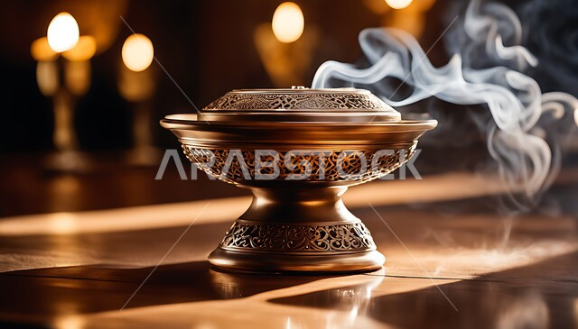 منظر الدخان المنتشر من البخور، أصالة العادات والتقاليد في المملكة العربية السعودية، التعطر والتطيب باطيب الروائح والعطور الخليجية الأصيلة، خشب العود الفاخر والفحم، صورة مقربة لمبخرة تقليدية مزخرفة, أجواء ولحظات هادئة وممتعه, منتج وطني محلي سعودي
