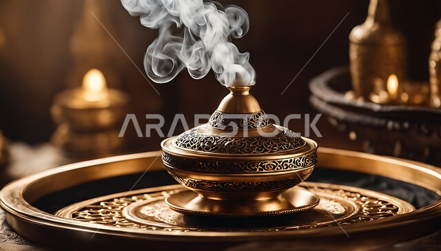 منظر الدخان المنتشر من البخور، أصالة العادات والتقاليد في المملكة العربية السعودية، التعطر والتطيب باطيب الروائح والعطور الخليجية الأصيلة، خشب العود الفاخر والفحم، صورة مقربة لمبخرة تقليدية مزخرفة, أجواء ولحظات هادئة وممتعه, منتج وطني محلي سعودي