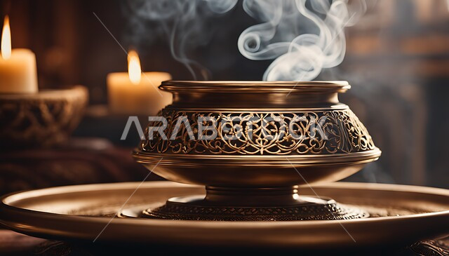The authenticity of customs and traditions in the Kingdom of Saudi Arabia, perfuming and perfuming with the best authentic Gulf scents and perfumes, luxurious agarwood and charcoal, a close-up of a traditional decorated incense burner, a calm and enjoyable atmosphere and moments, a local Saudi national product, the view of smoke spreading from the incense