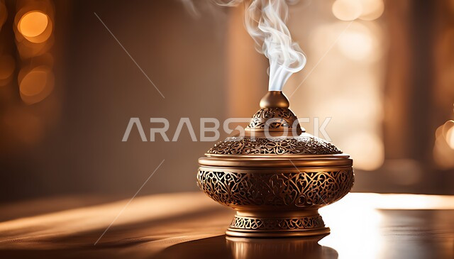 أجواء ولحظات هادئة وممتعه, منتج وطني محلي سعودي، منظر الدخان المنتشر من البخور، أصالة العادات والتقاليد في المملكة العربية السعودية، التعطر والتطيب باطيب الروائح والعطور الخليجية الأصيلة، خشب العود الفاخر والفحم، صورة مقربة لمبخرة تقليدية مزخرفة