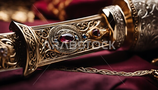 قطع الأنتيكا الشعبية الخليجية,  التحف الأثرية الأصيلة في المملكة العربية السعودية, التراث والأصالة والعراقة, صناعات يدويه وحرف مميزة للأسلحة القديمة, صورة مقربة لخنجر مزخرف مصنوع على الطراز الشعبي التقليدي القديم