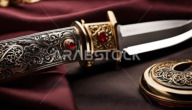  التحف الأثرية الأصيلة في المملكة العربية السعودية, قطع الأنتيكا الشعبية الخليجية, التراث والأصالة والعراقة, صناعات يدويه وحرف مميزة للأسلحة القديمة, صورة مقربة لخنجر مزخرف مصنوع على الطراز الشعبي التقليدي القديم