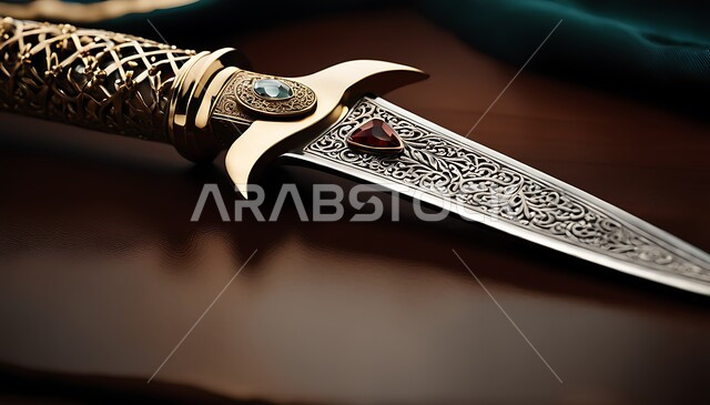 قطع الأنتيكا الشعبية الخليجية,  التحف الأثرية الأصيلة في المملكة العربية السعودية, التراث والأصالة والعراقة, صناعات يدويه وحرف مميزة للأسلحة القديمة, صورة مقربة لخنجر مزخرف مصنوع على الطراز الشعبي التقليدي القديم