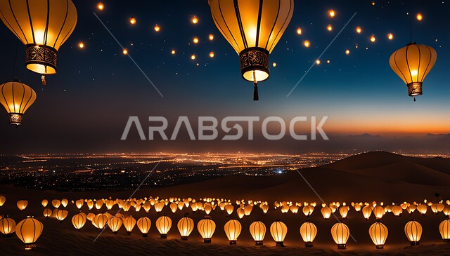 Events and celebrations in the Kingdom of Saudi Arabia, a pleasant Ramadan atmosphere, lit traditional Arab lanterns flying in the sky at night, authenticity, nobility and Saudi heritage, the joy of Muslims with the advent of the blessed month of Ramadan.