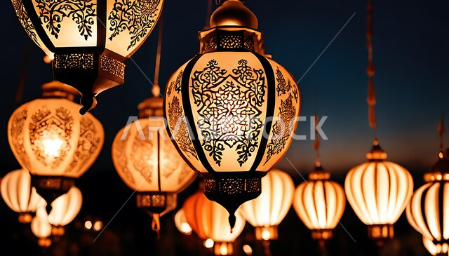 فرحة المسلمين بقدوم شهر رمضان المبارك, الفعاليات والاحتفالات في المملكة العربية السعودية, أجواء رمضانية ممتعه, فوانيس عربية تقليدية مضاءة تحلق في السماء ليلا, الأصالة والعراقة والتراث السعودي